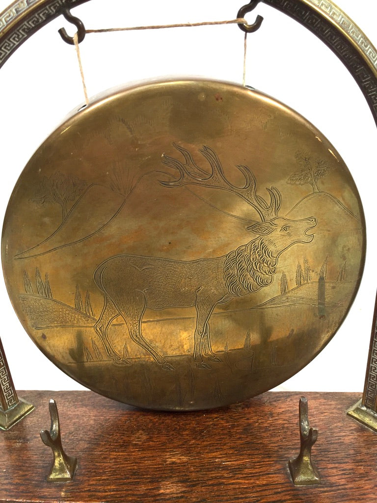 Vintage Tabletop Stag Design Brass Dinner Gong Oak Stand & Mallet Antique c.1950