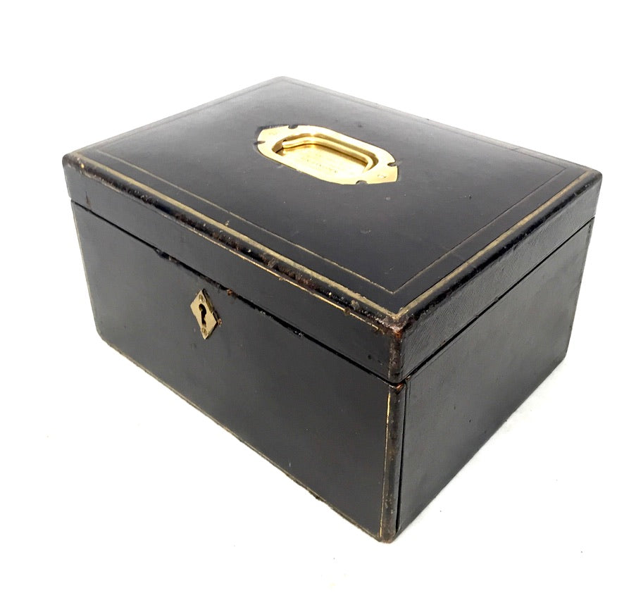 Antique 19th Century Black Leather & Brass Jewellery Trinket Storage Box c.1880