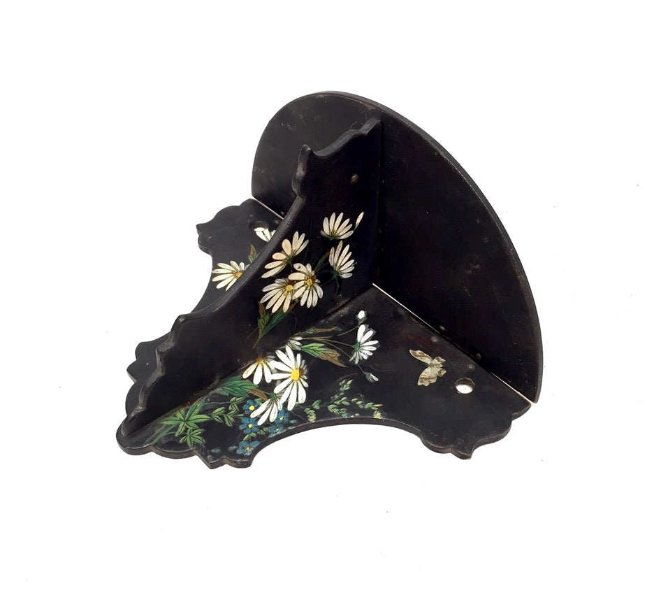 Antique Victorian Black Ebonised Wooden Hand Painted Folding Wall Shelf c.1900