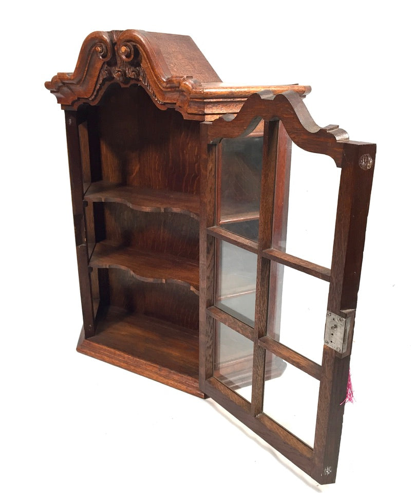 Antique Wooden Oak & Glass Wall Hanging Display Cabinet Storage Shelf with Key