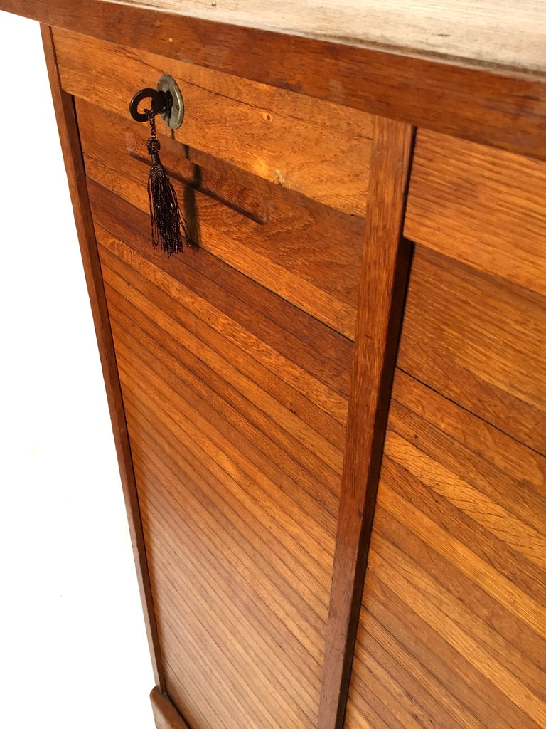 Antique 1950s Wood Oak Double Tambour Fronted Office Paper Filing Cabinet & Key