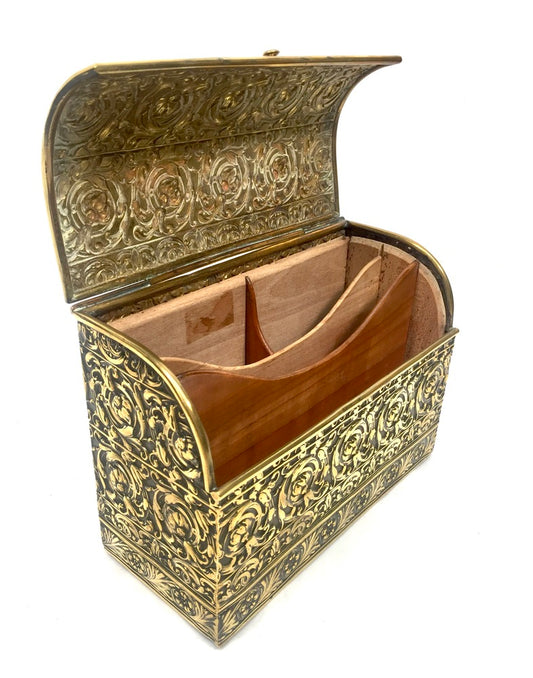 Antique Brass & Wood Desktop Letter Rack / Stationery Box / Early 20th Century