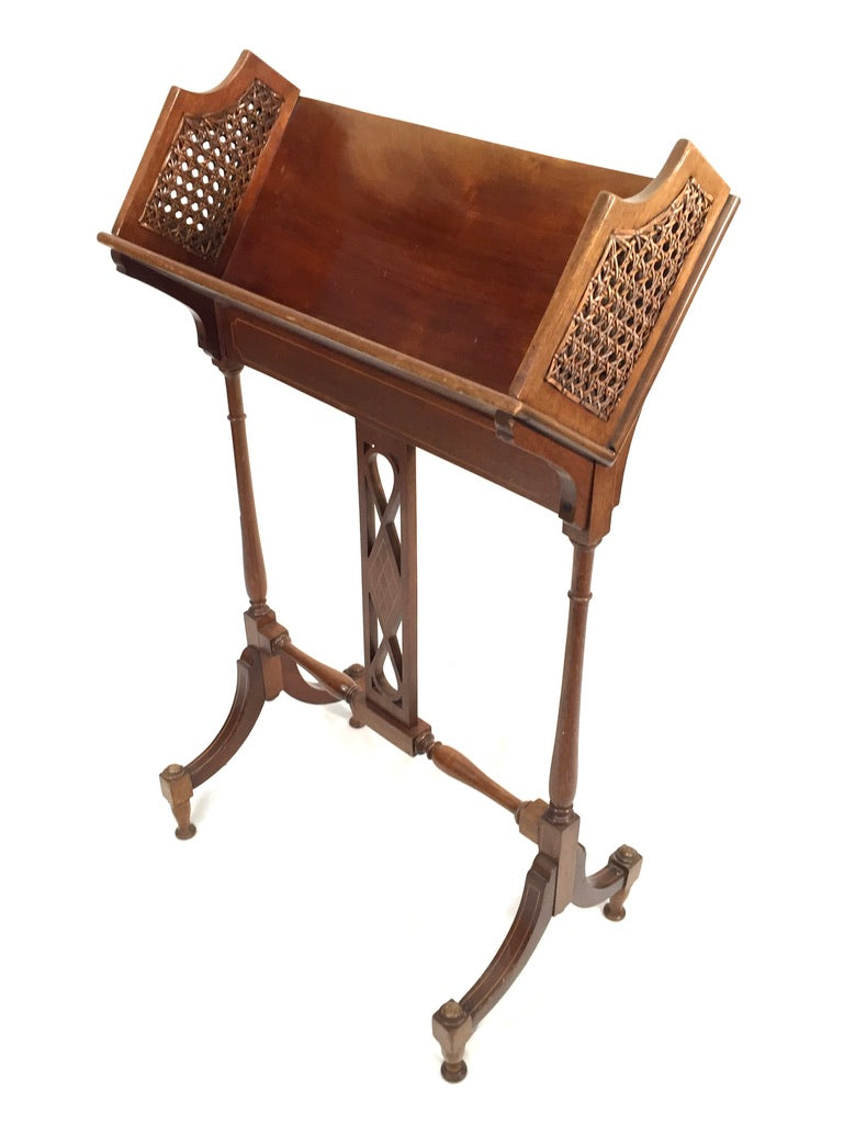 Antique Edwardian Mahogany Wooden Book Trough Display Stand Shelf Cane Panels