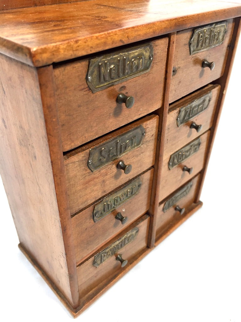 Antique Wooden Tabletop / Wall Hanging German Spice Box Drawers Storage Rack