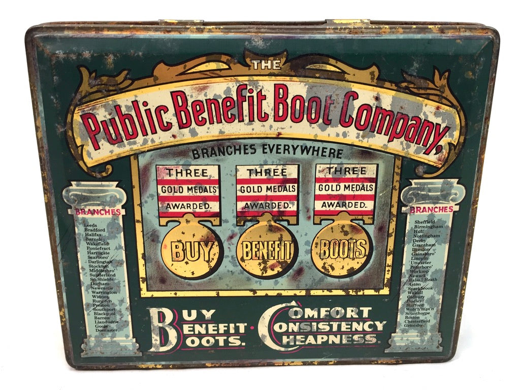 Antique Advertising - 1920s Public Benefit Boot Company Tin Pictorial Lithograph