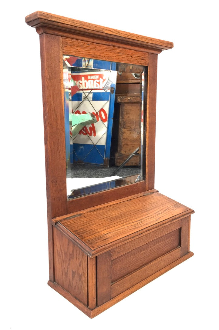 Antique Wooden Oak Entrance Hall Wall Mirror with Storage Box / Bathroom c.1930