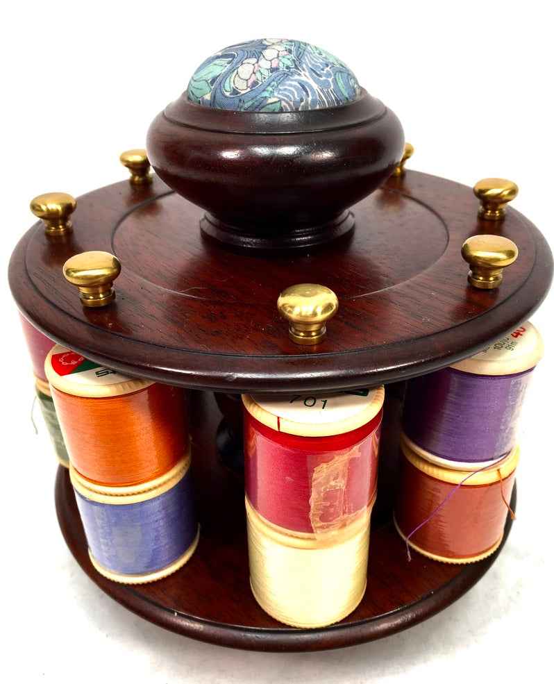 Vintage Mahogany Wood Tabletop Revolving Cotton Spool Reel Holder & Pin Cushion