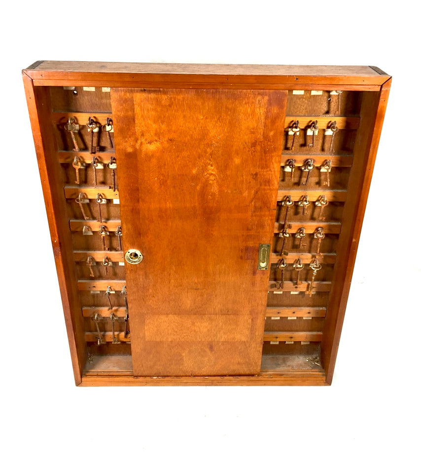 Antique 1930s Large Wall Hanging Wooden Hotel Key Storage Cabinet / Cupboard
