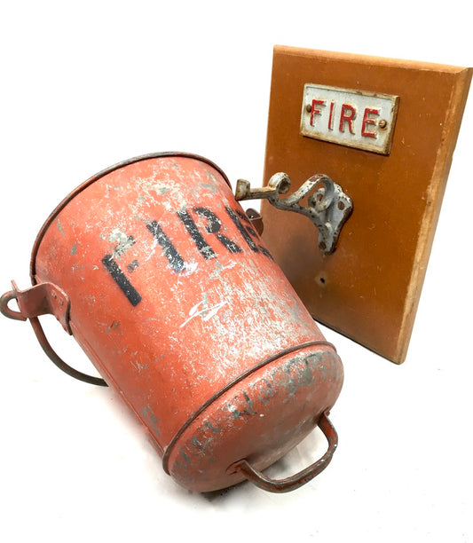Antique Red Galvanised Fire Bucket & Handle / Original Wooden Wall Bracket Sign