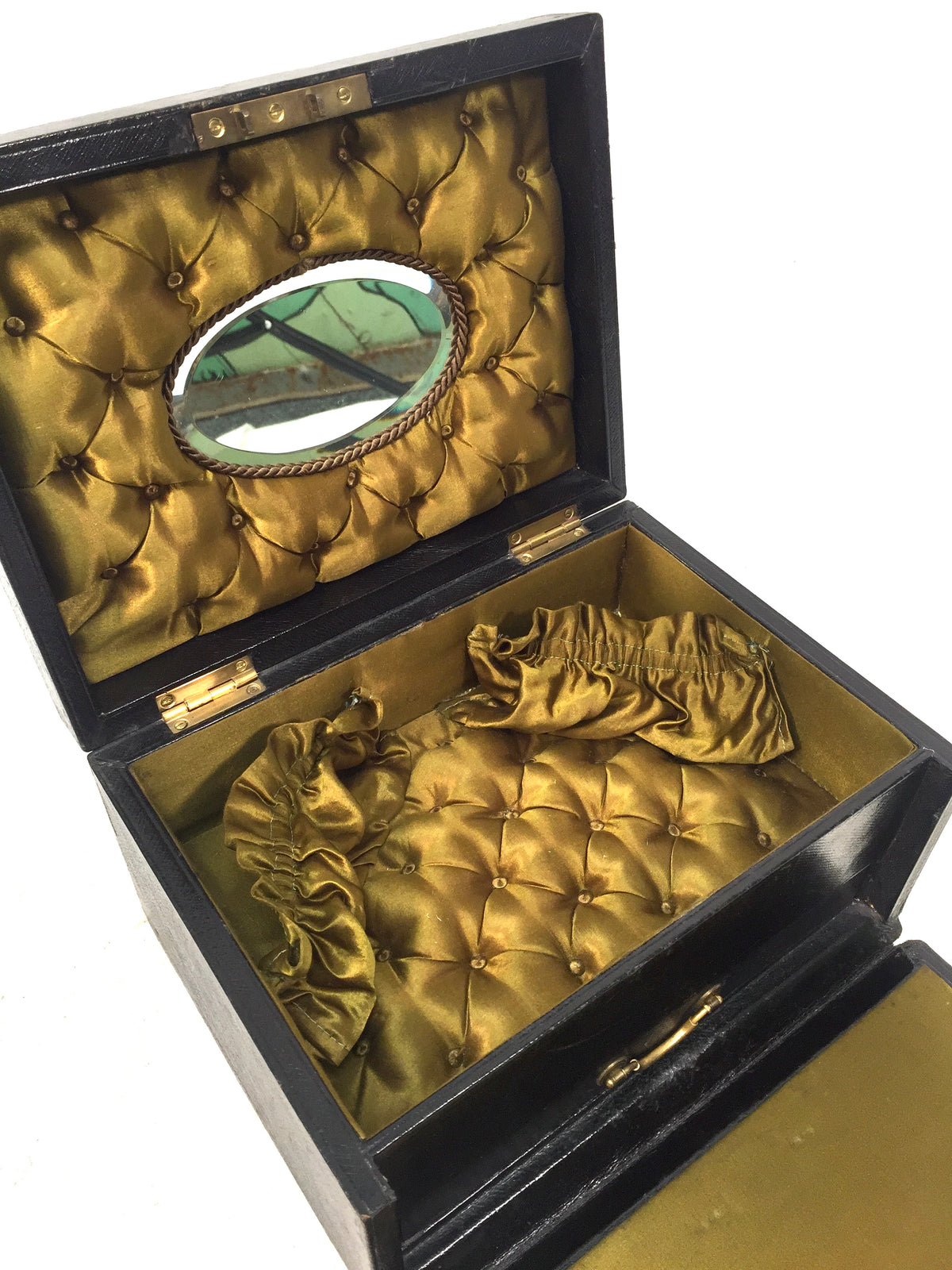 Antique 19th Century Black Leather & Brass Jewellery Trinket Storage Box c.1880