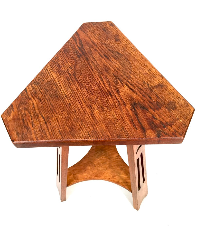 Antique Arts & Crafts Oak Wooden Carved Tripod Occasional Lamp Plant Table c1930