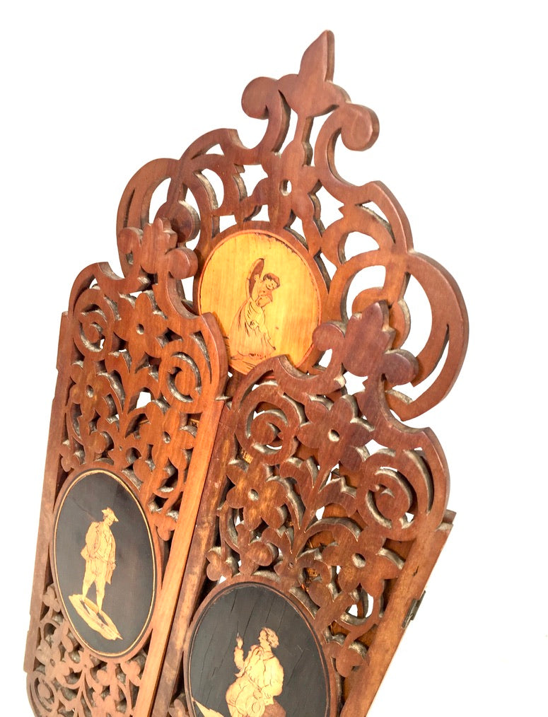 Antique Tabletop Hand Carved Wooden Sorrento Ware Triptych Vanity Mirror c.1900