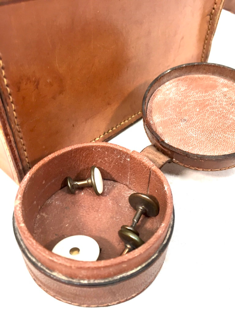 Antique Gentlemen's Leather Bound Collar Box and Stud Box with Contents c.1920