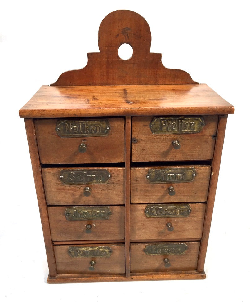 Antique Wooden Tabletop / Wall Hanging German Spice Box Drawers Storage Rack