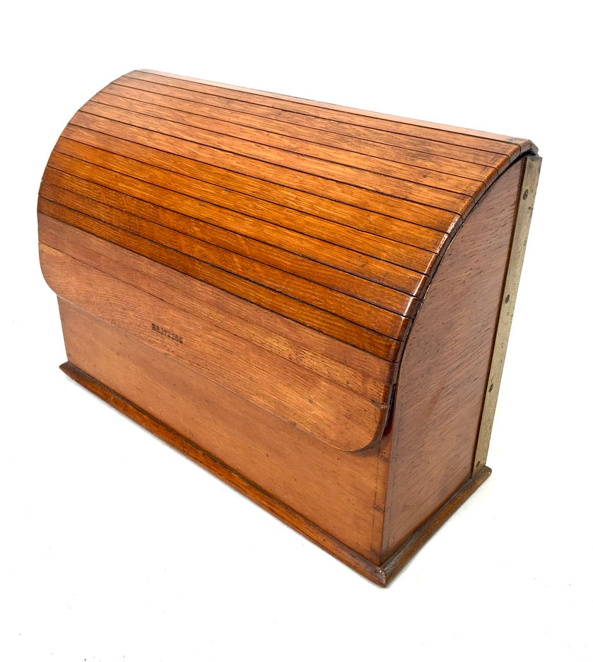 Antique 1920s Wooden Oak Desktop Tambour Fronted Letter Rack / Stationery Holder