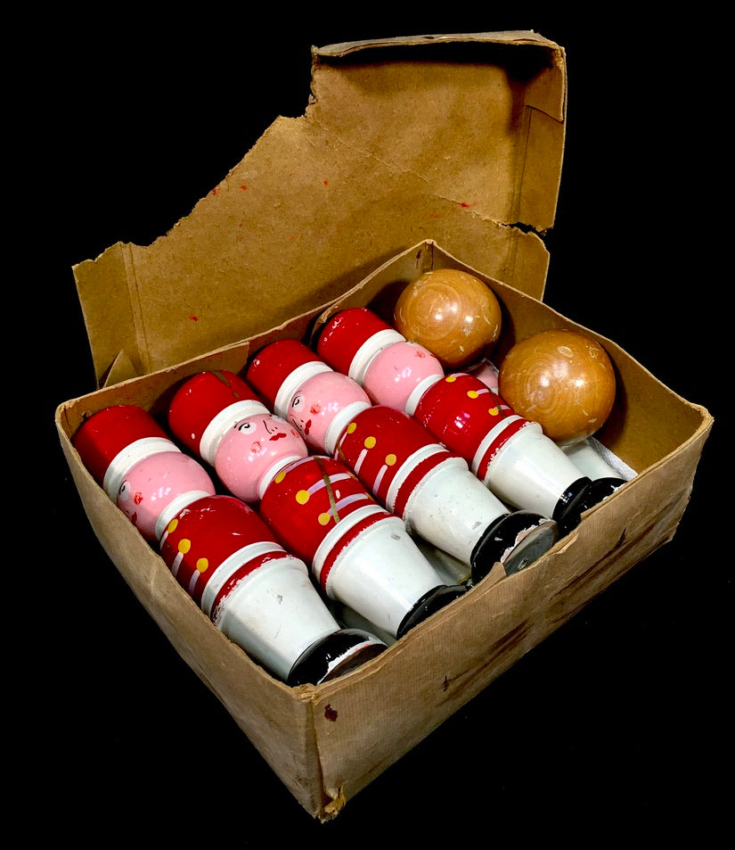 Antique Complete Set French Hand Painted Wooden Soldier Bowling Skittles & Balls