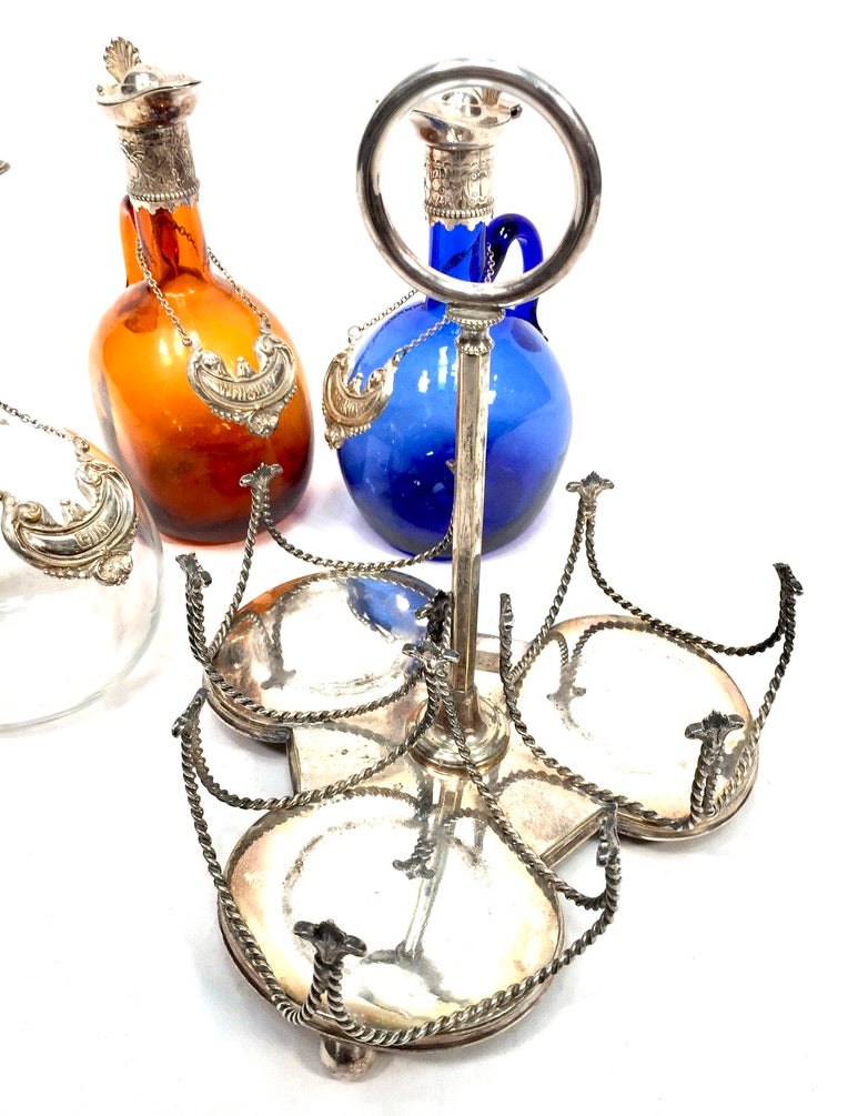 Antique Victorian Blue, Brown and Clear Glass Flagon Decanter Set Display Stand