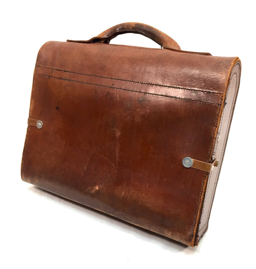 Antique Mid 20th Century Brown Leather Lloyds Bank Briefcase Bag With Key c1950