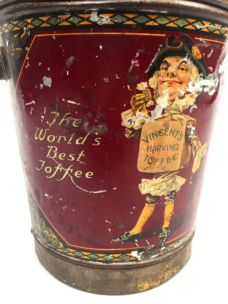 Antique Advertising 1920s Vincents Harvino Dainty Pieces Toffee Tin Bucket Shape