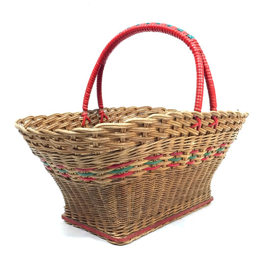 Vintage Fashion - Red & Green Wicker Shopping Basket / Storage Box c.1950