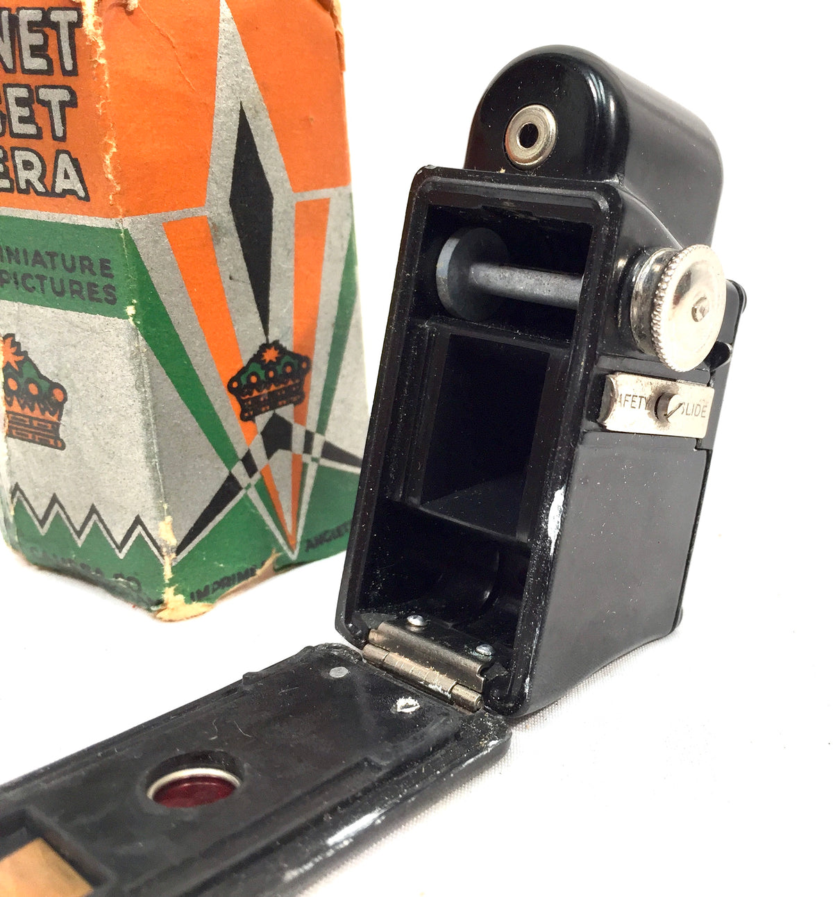 Antique Art Deco Coronet Black Midget Subminiature Camera in Original Box c.1930