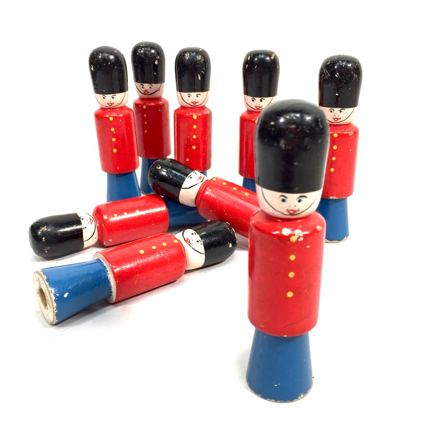 Vintage Complete Set of Hand Painted Wooden Soldier Bowling Skittles / Pins