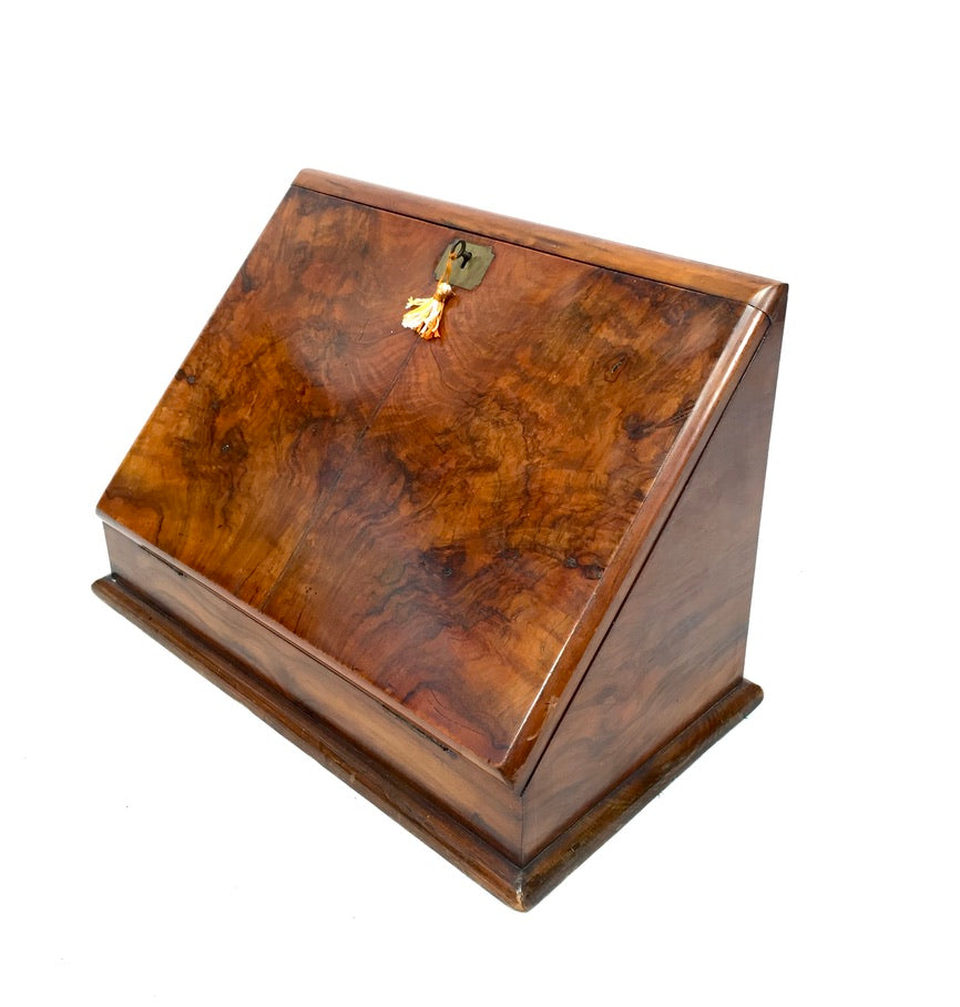 Antique Wooden Walnut Victorian Stationery Box Organiser Writing Slope with Key
