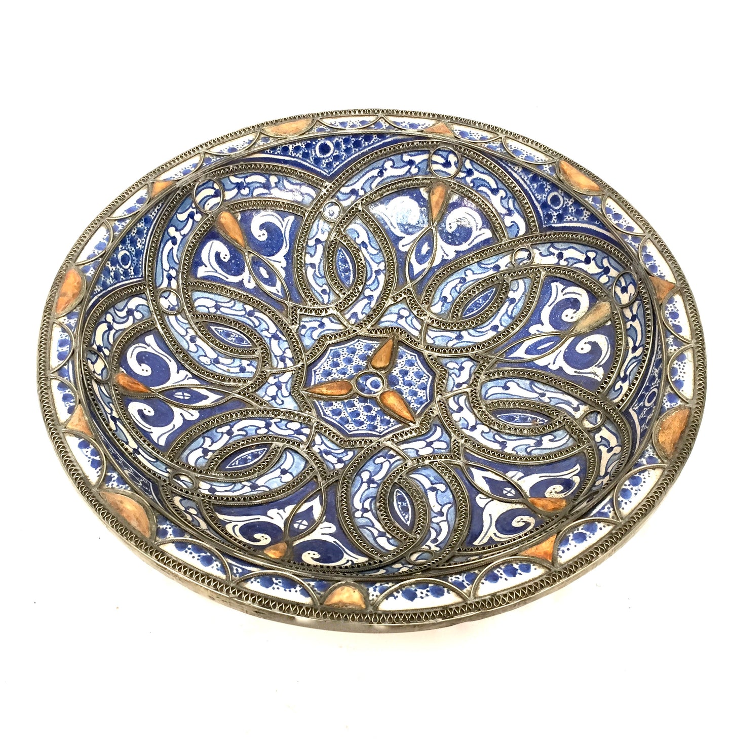 Vintage Hand Crafted Moroccan Style Bowl Outdoor Green Copper Toned Metal Stand