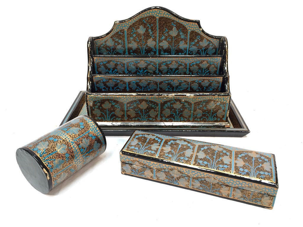 Vintage Wood 4 Piece Kashmir Desk Set Letter Rack / Stationery Tray / Pen Holder