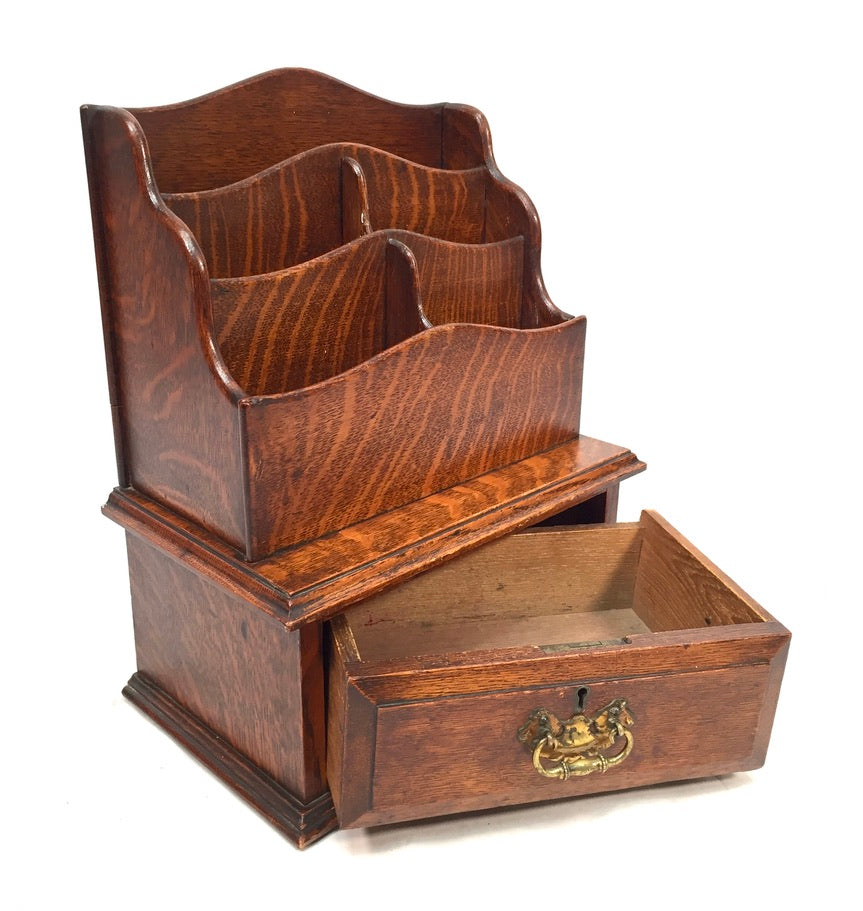 Antique Edwardian Wooden Oak Desk Organiser Letter Rack and Storage Drawer c1900