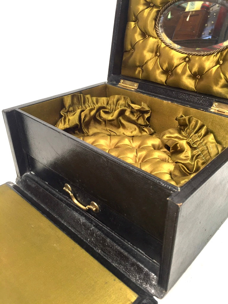 Antique 19th Century Black Leather & Brass Jewellery Trinket Storage Box c.1880