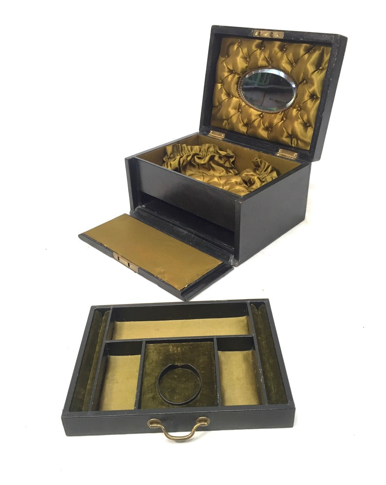 Antique 19th Century Black Leather & Brass Jewellery Trinket Storage Box c.1880