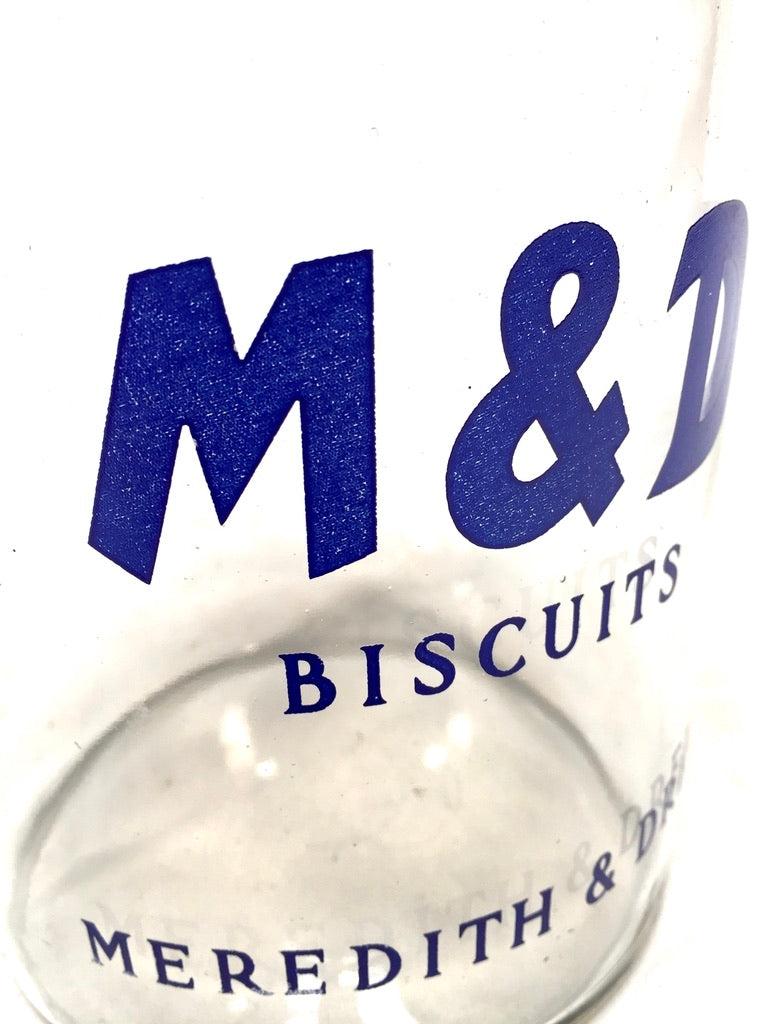 Antique Advertising - Shop Display Glass Meredith & Dew Biscuit Jar & Blue Lid