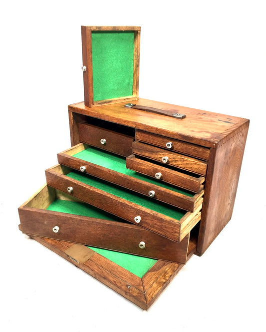 Antique Wooden Engineers Toolbox / Tool Box Collectors Cabinet with Key c.1950