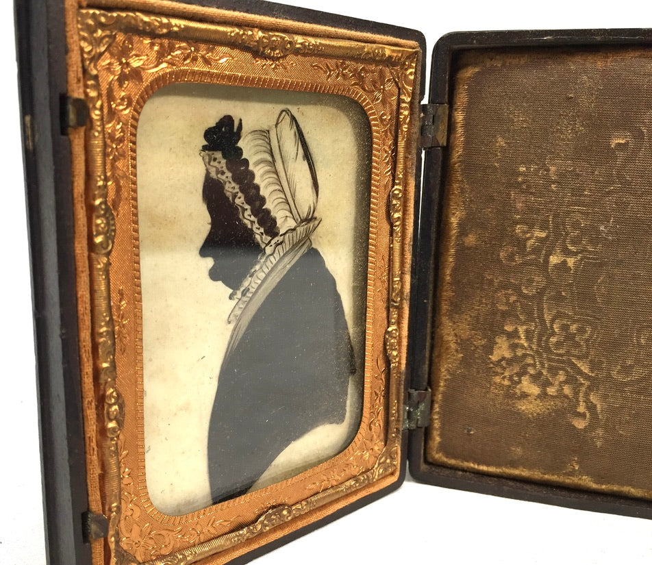 Antique Victorian Ambrotype Silhouette Portrait Wooden Carved Travel Case c.1850