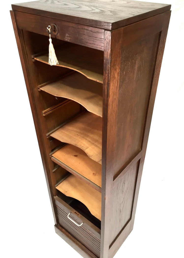 Antique 1950s Wooden Oak Tambour Fronted Office Paper Filing Cabinet with Key