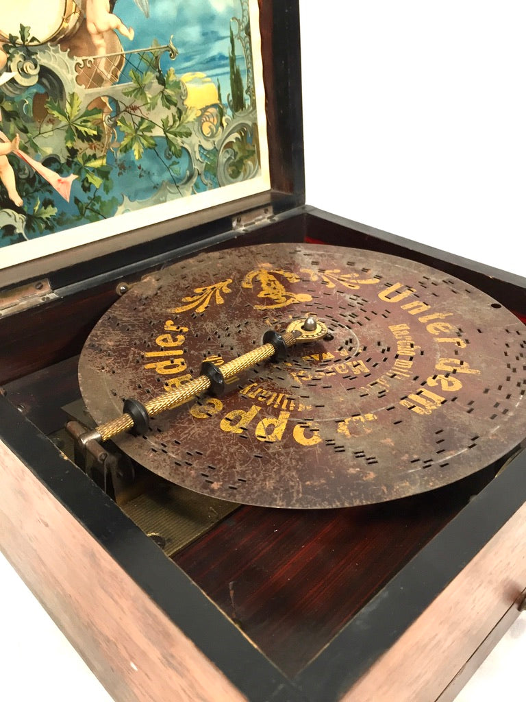 Antique Tabletop Wooden Walnut Cased Polyphon Music Box / Working Discs c.1901