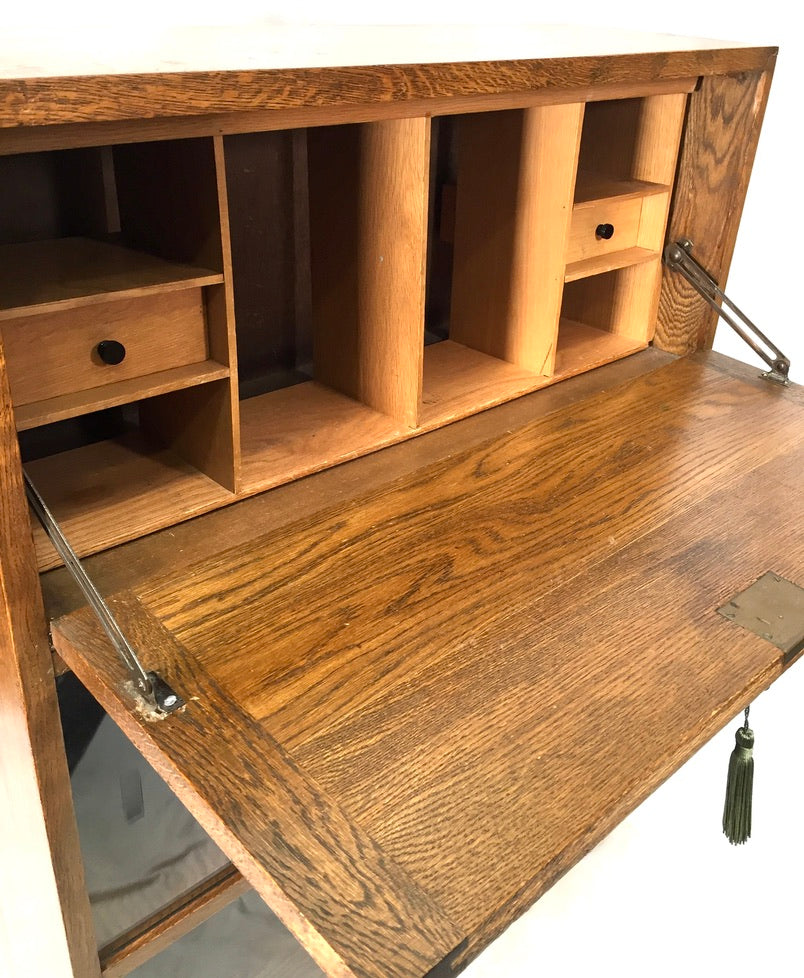 Antique Wooden Oak Bookcase Shelf and Bureau Combination / Mid Century / Key