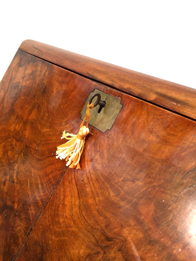 Antique Wooden Walnut Victorian Stationery Box Organiser Writing Slope with Key