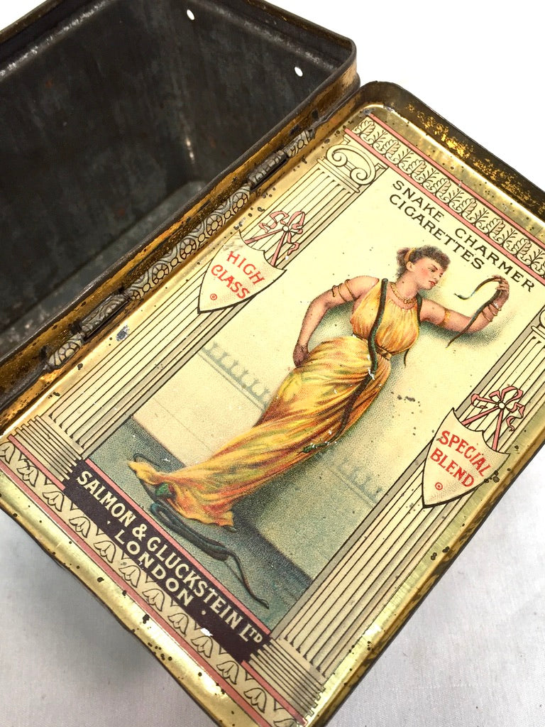 Antique Salmon and Gluckstein 100 Snake Charmer Cigarette Tin / RARE Large Size