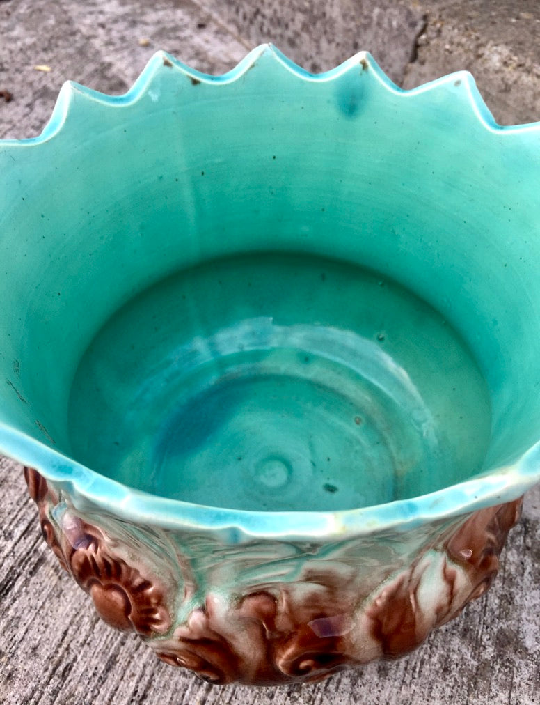 Antique New Leaf Green & Brown Pottery Majolica Planter Indoor Plant Pot 1900