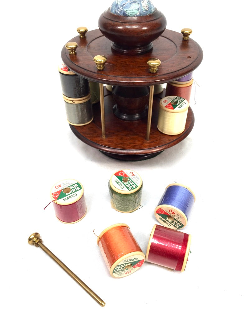 Vintage Mahogany Wood Tabletop Revolving Cotton Spool Reel Holder & Pin Cushion