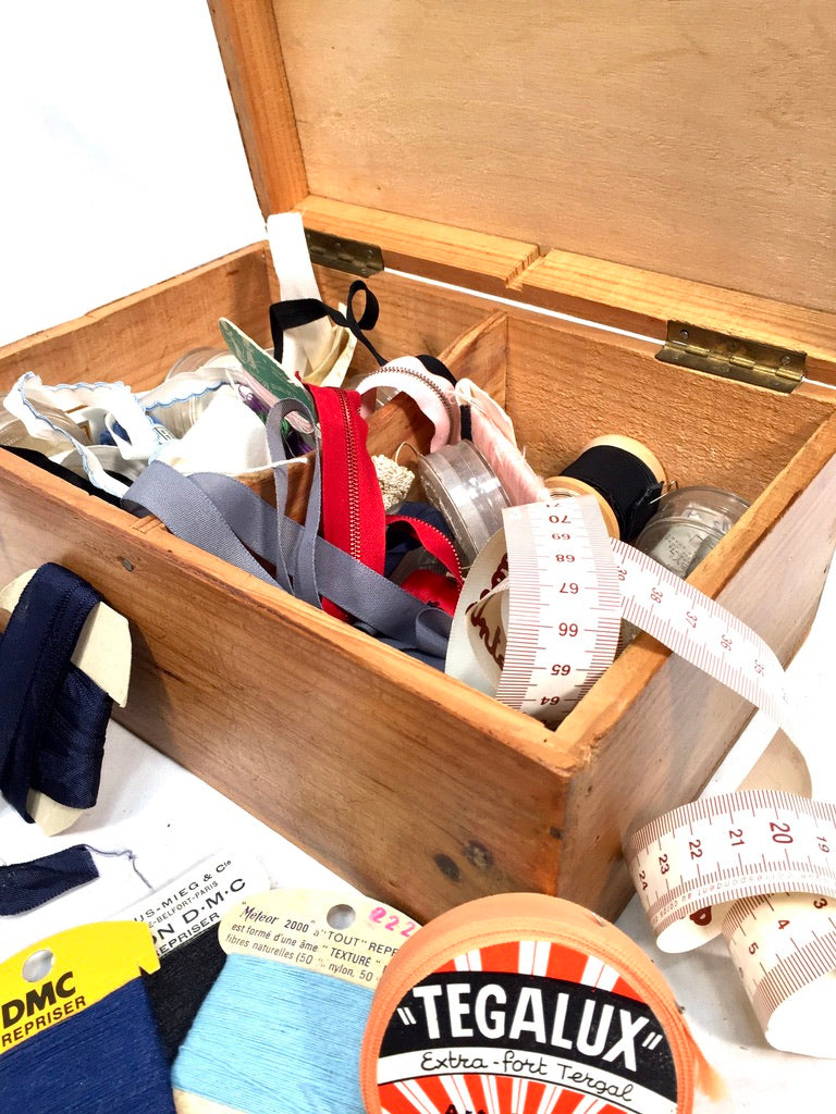 Antique Wood Storage Box with Haberdashery Sewing Collectable Items 20th Century