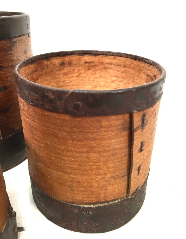 Antique Bentwood & Iron Set of 4 Grain Measuring Pots / Storage Cups c.1890