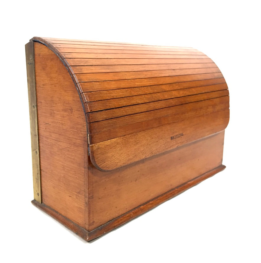 Antique 1920s Wooden Oak Desktop Tambour Fronted Letter Rack / Stationery Holder