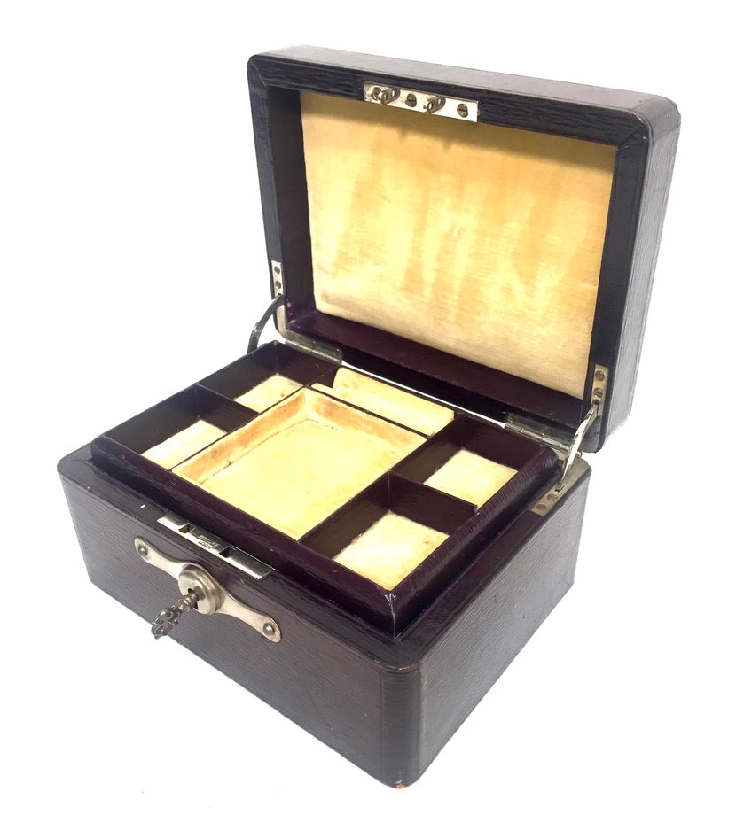 Antique Edwardian Leather Jewellery / Trinket Box with Key &amp; Working Lock c.1910