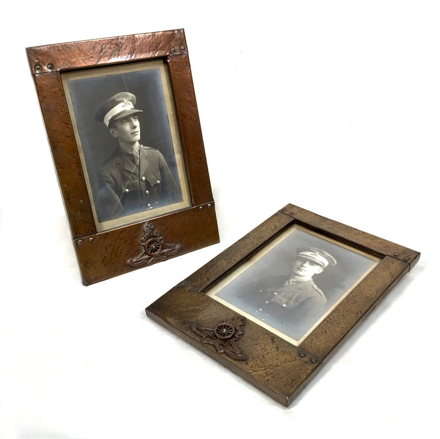 Antique Early 20th Century Pair of Copper Front & Wooden Military War Frames