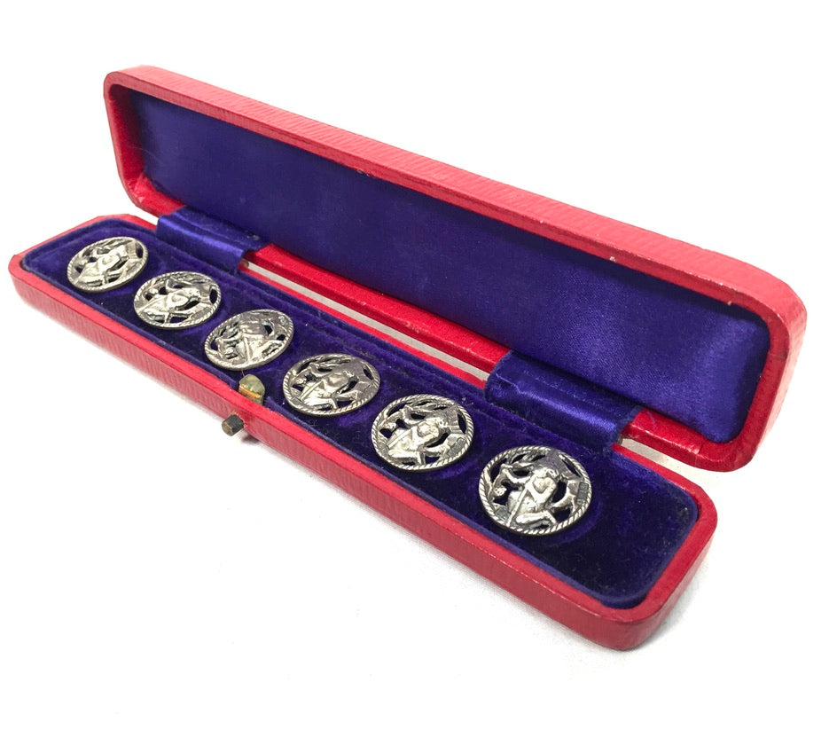 Antique Art Nouveau Sterling Silver Hallmarked Dress Buttons in Case / Complete