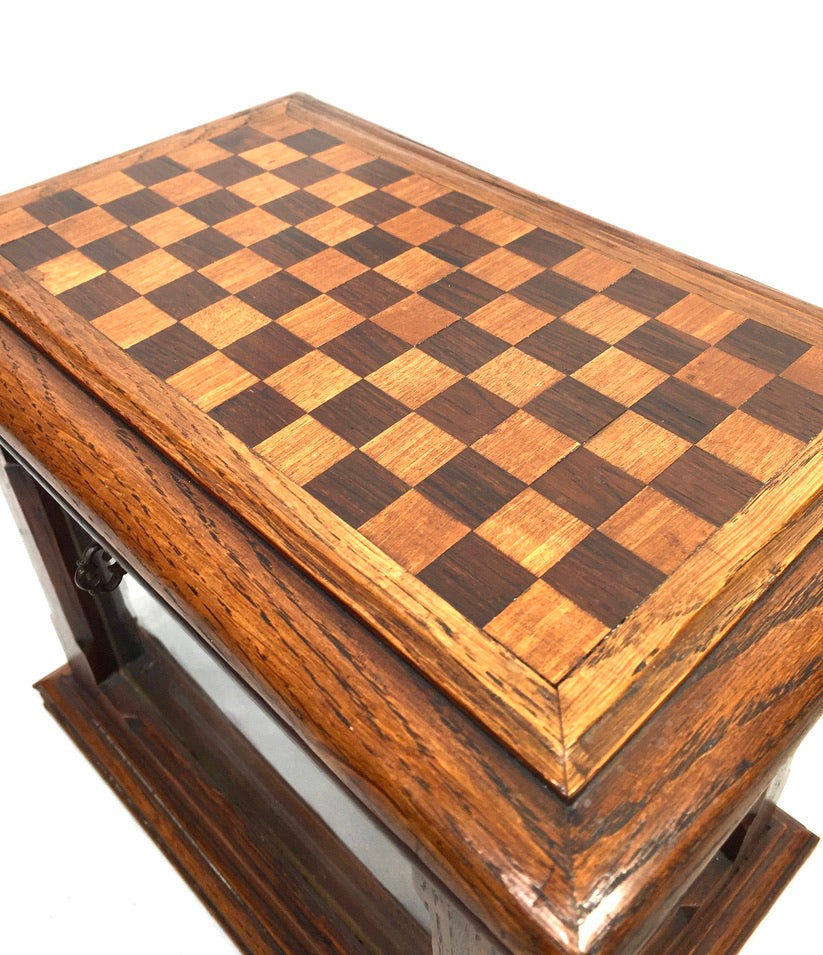 Antique Wooden Oak & Glass Display Box Cabinet / Checkerboard Inlaid Top c.1930