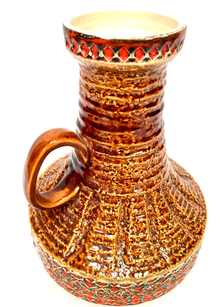 Vintage Spara Keramik West German Pottery Vase Jug / Retro 1970s Orange & Brown